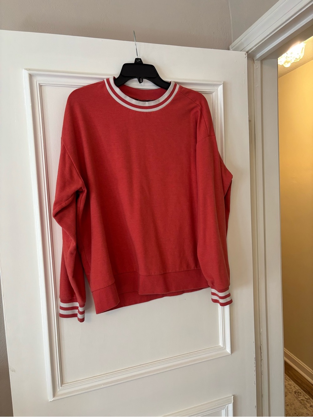 Eddie Bauer Coral Crewneck Sweater with White Striped Trim